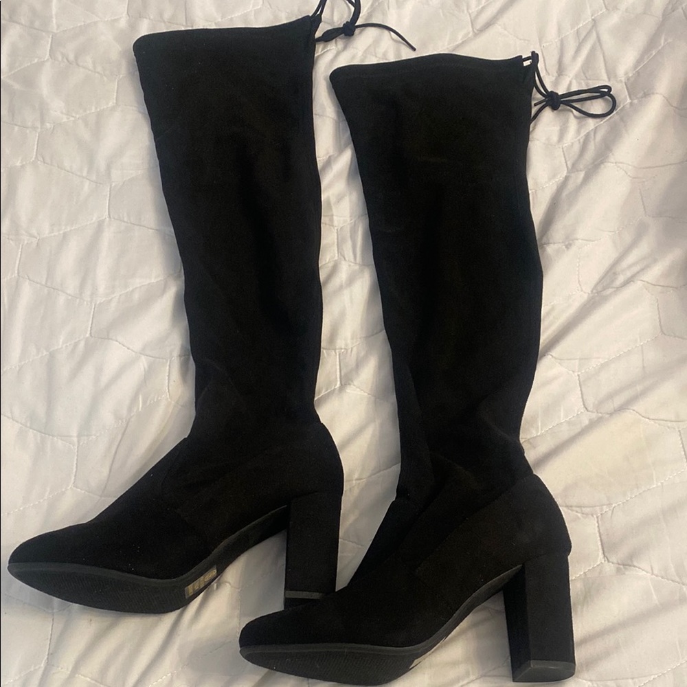 Sleek Black Over the Knee Boots with Stretchy Shaft and Block Heel
